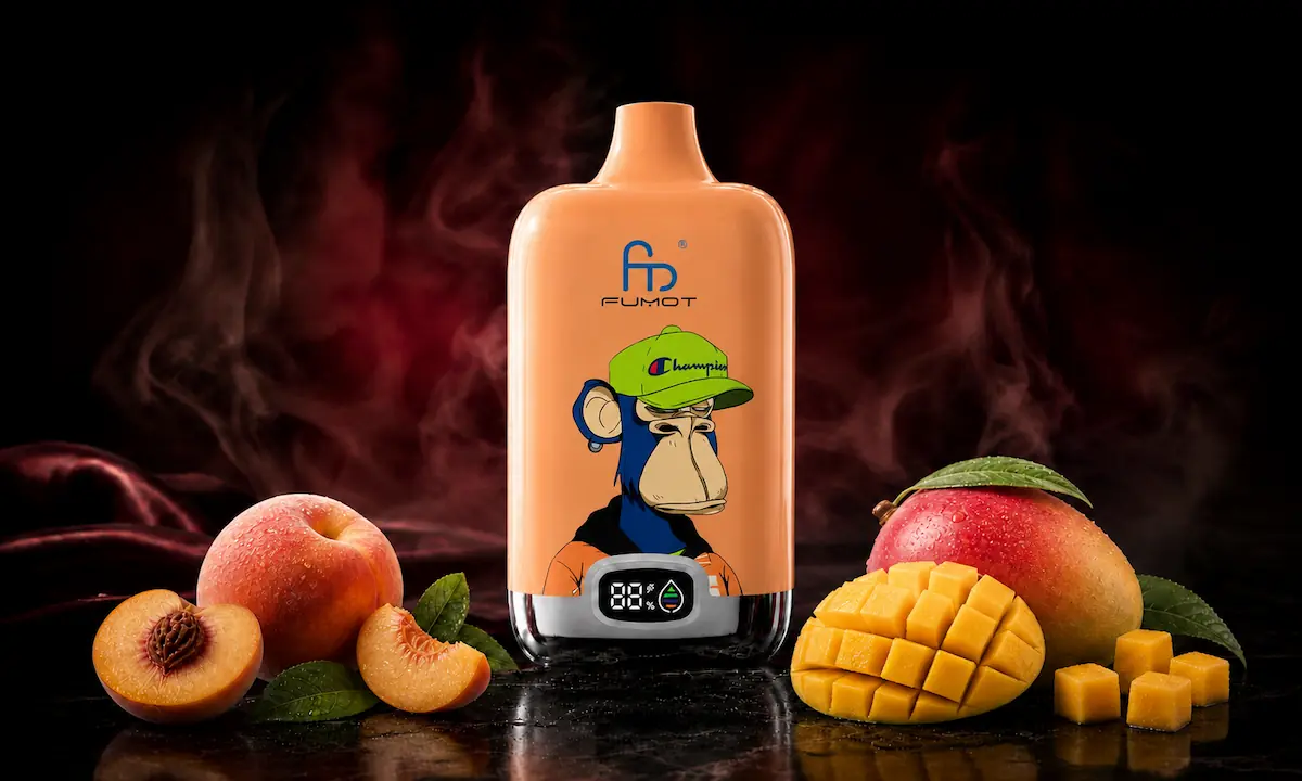 Fumot Digital Box 12000 Peach Mango Vape in einer dunklen Rauchszene
