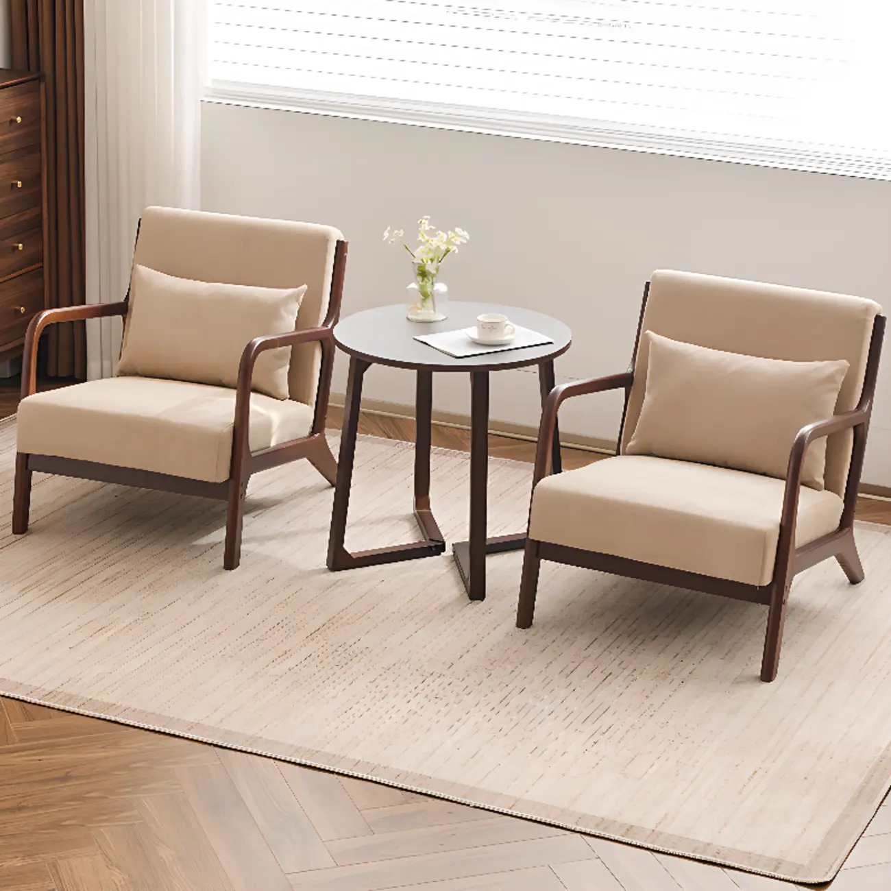 Beige Ottoman Cotton Linen Accent Arm Chair