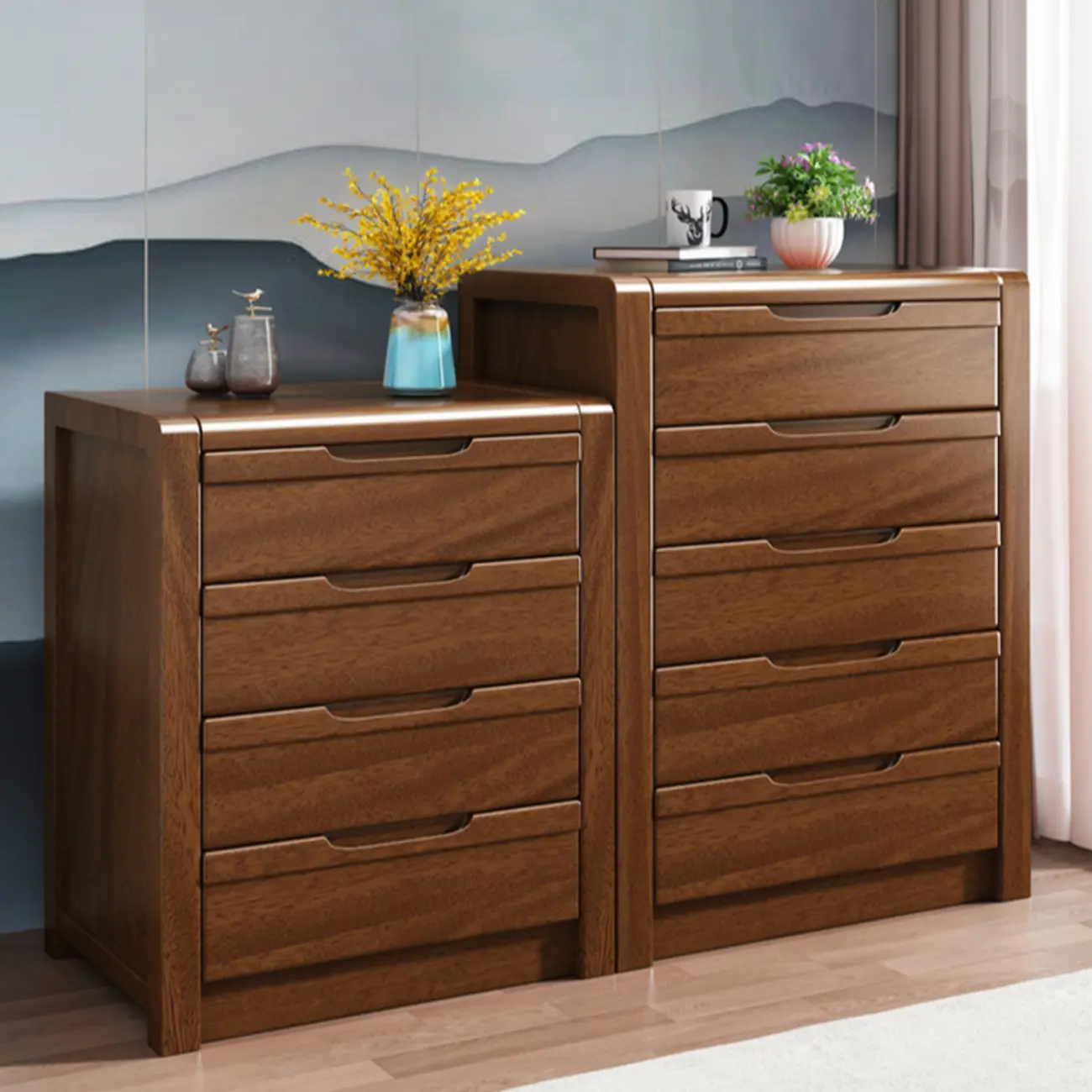 Freestanding Mid-Century Brown Solid Wood Cabinet with Drawers