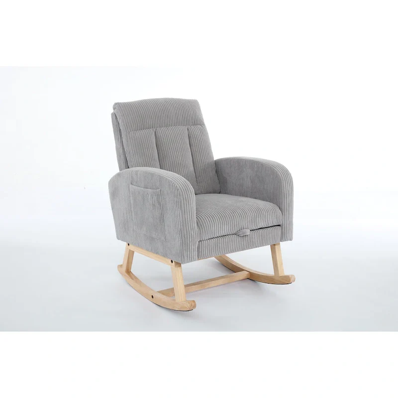 Accent Rocking Chair with Solid Wood Legs, Upholstered Nursery Glider Rocker, Comfy Armchair with Side Pocket