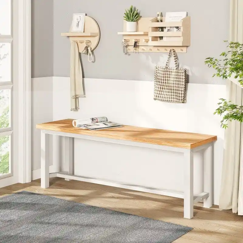 Grondin Industrail Style Dining Bench 2 Pieces Set, Wooden & Steel Dining Benches Set of 2, Durable and Stable Entryway Benches