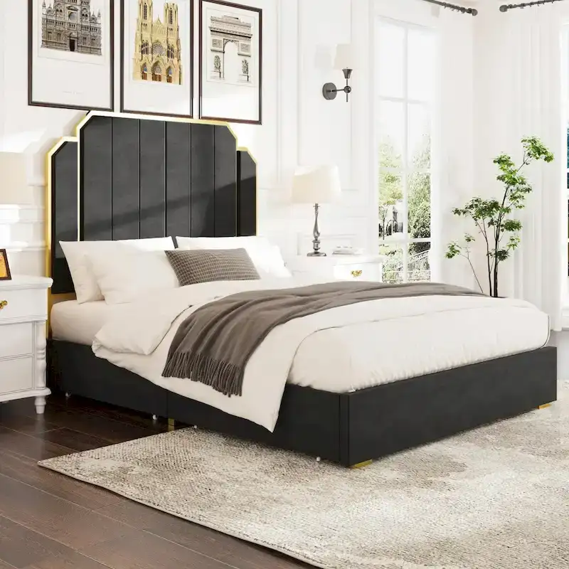 Queen Size Upholstered Bed Frame with 59.06 Headboard and Golden Plating Trim