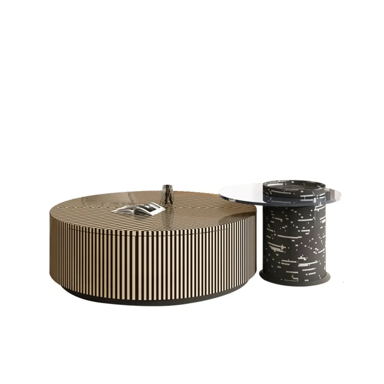 Black and White Stripe Wooden Round Coffee Drawer Table