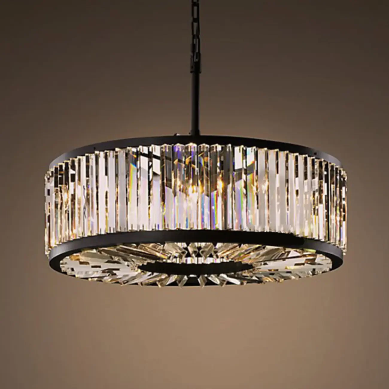Modern Black Metal Crystal Drum Chandelier