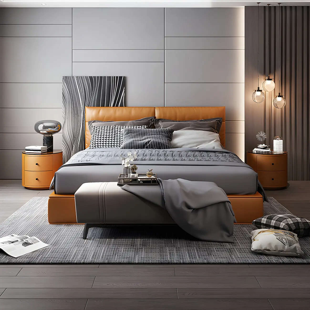 Modern Faux Leather Round Bedside Table with Two Drawers in Grey