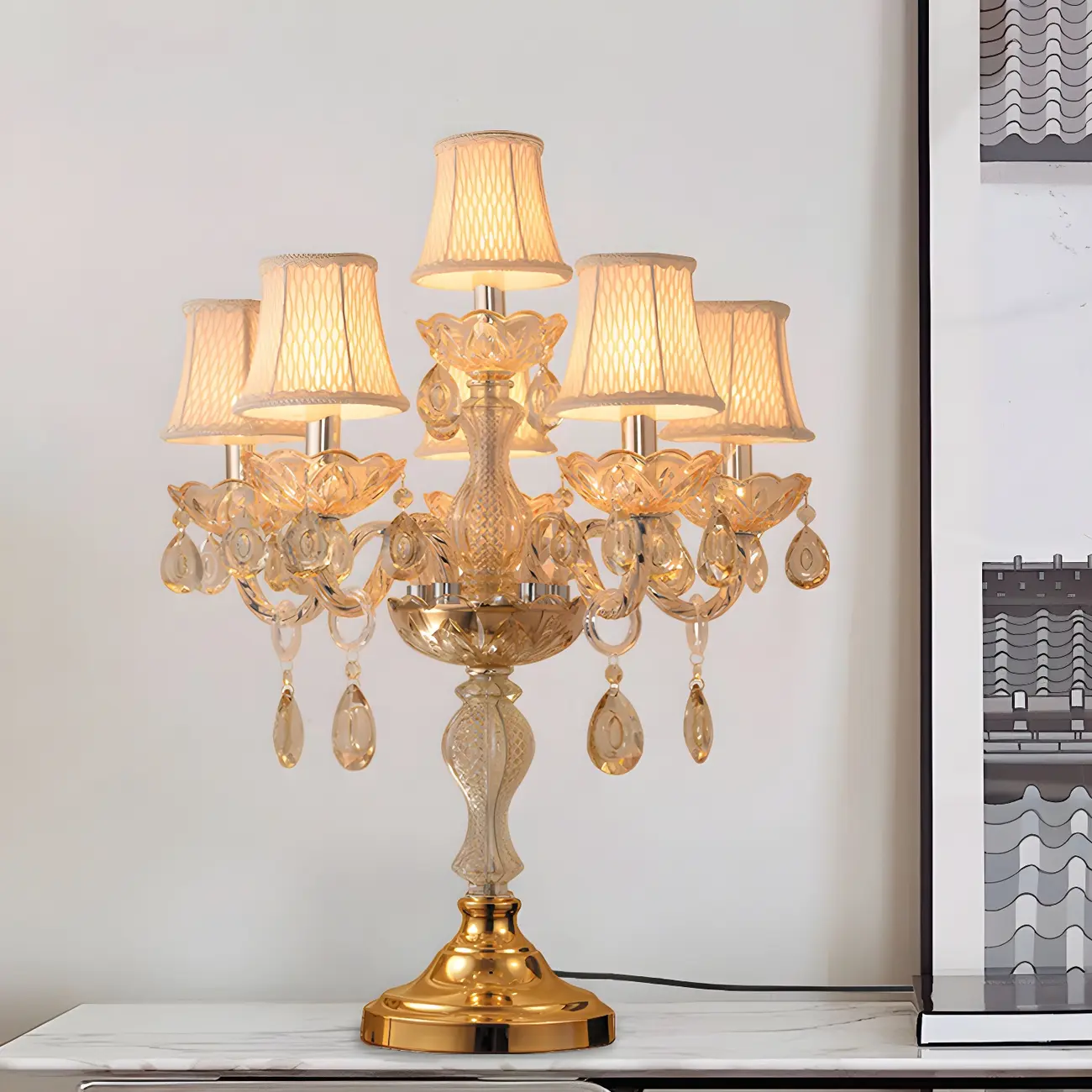 Luxury Gold Multi-Light Crystal Candelabra Table Lamp