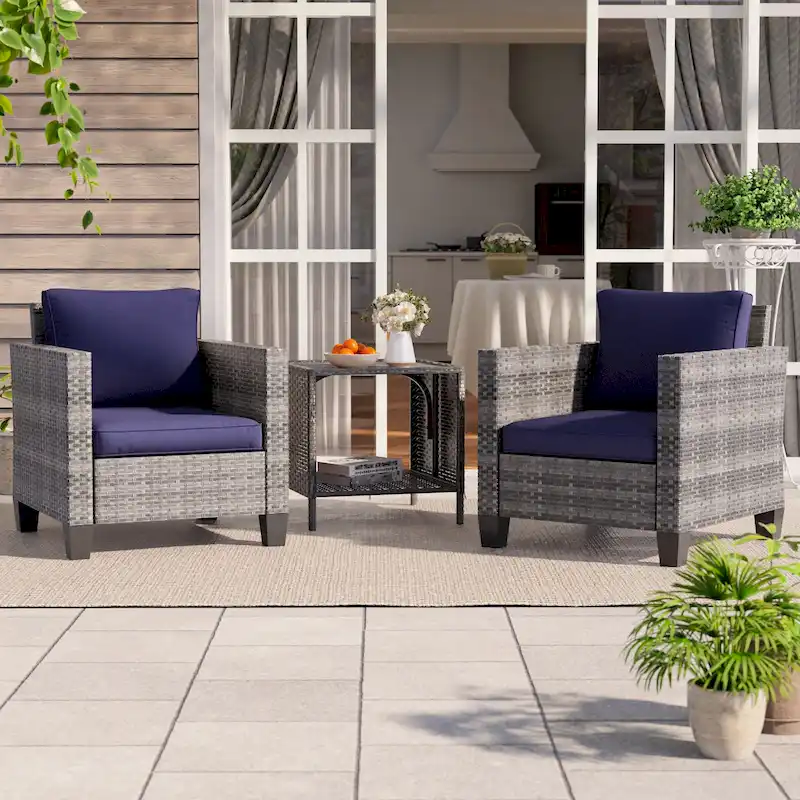BONOSUKI 3-Piece Patio Sofa Set Grey Rattan with Side Table