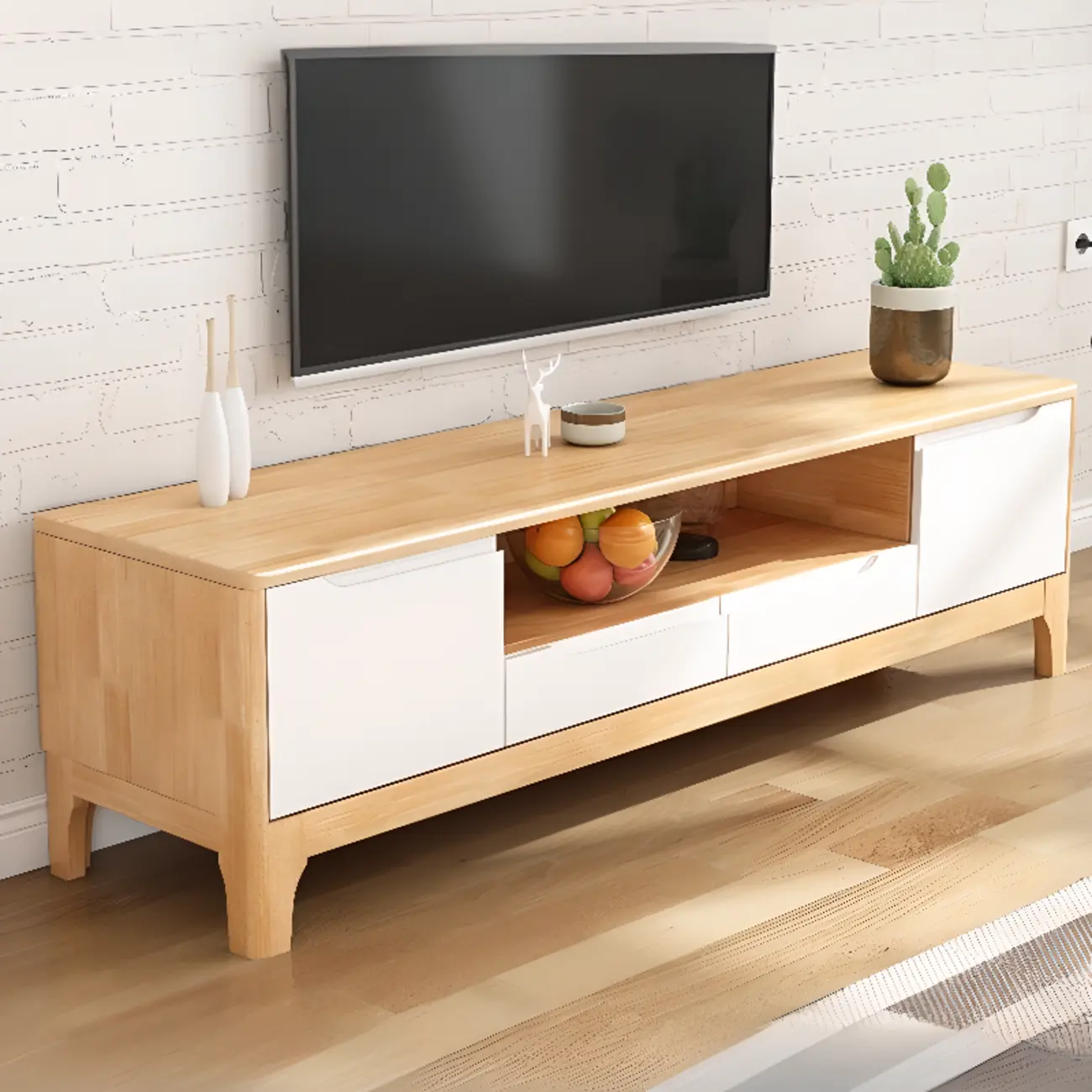 Durable Natural Wooden TV Stand with Cable Management