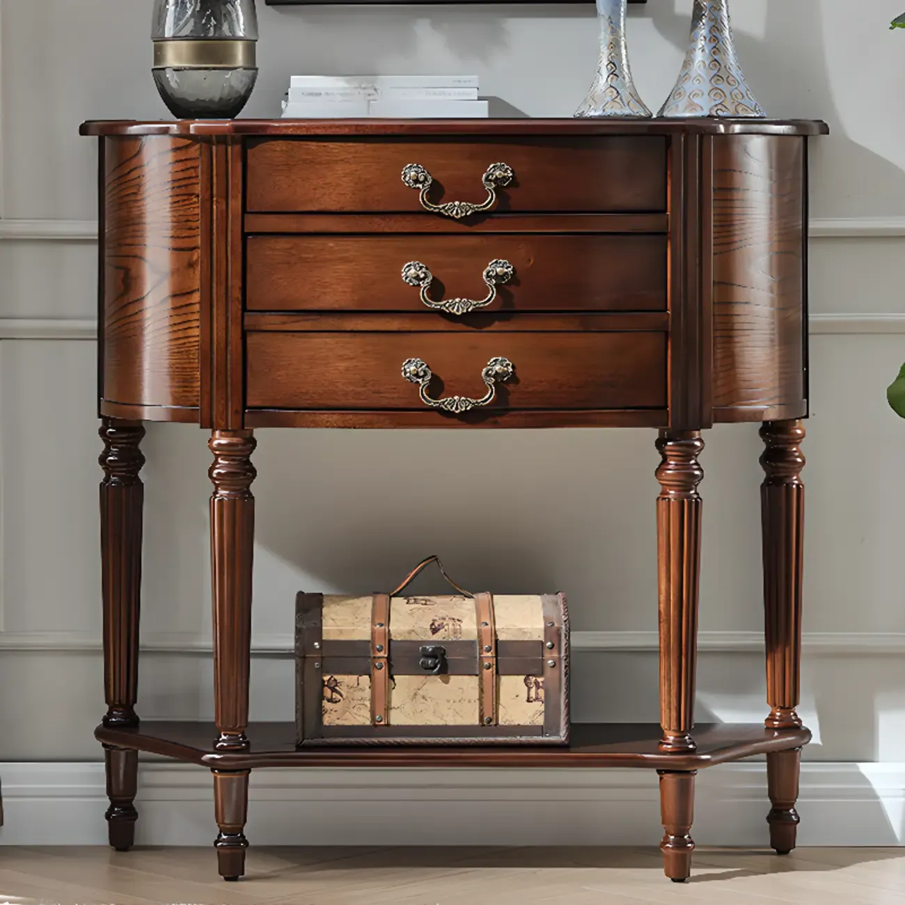 Elegant Brown Half Round Wood Console Table with Drawers