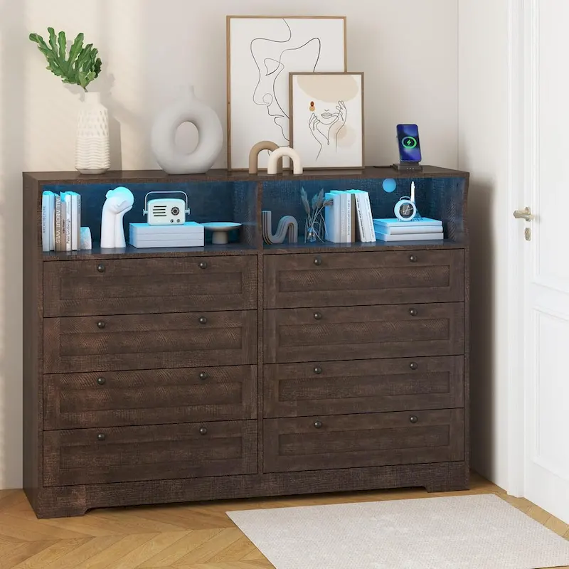 Modern Wood Dresser with 8 Drawers, Bedroom Dresser with Charging Station & LED Lights