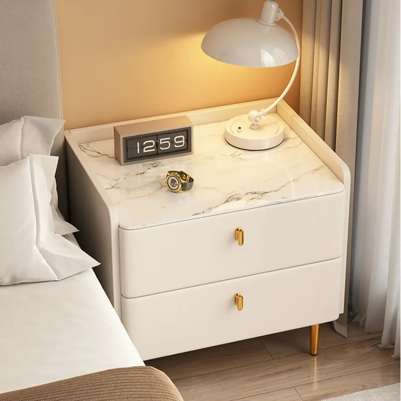 Modern Narrow Small Bedside Table Stone Top with Drawer Storage