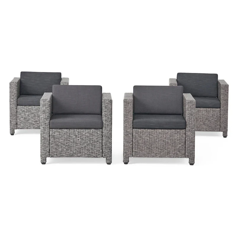 Elza Outdoor Accent Chair Set of 4, Rattan Wicker, Charcoal Gray Seat