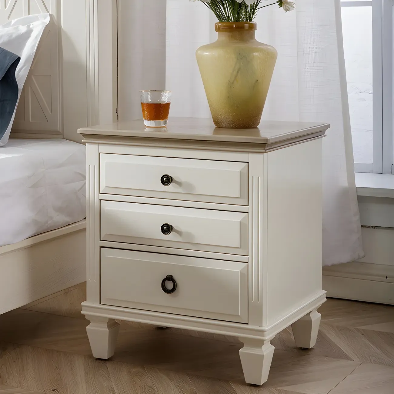 Beige Oak Wood 3-Drawer Standard Nightstand