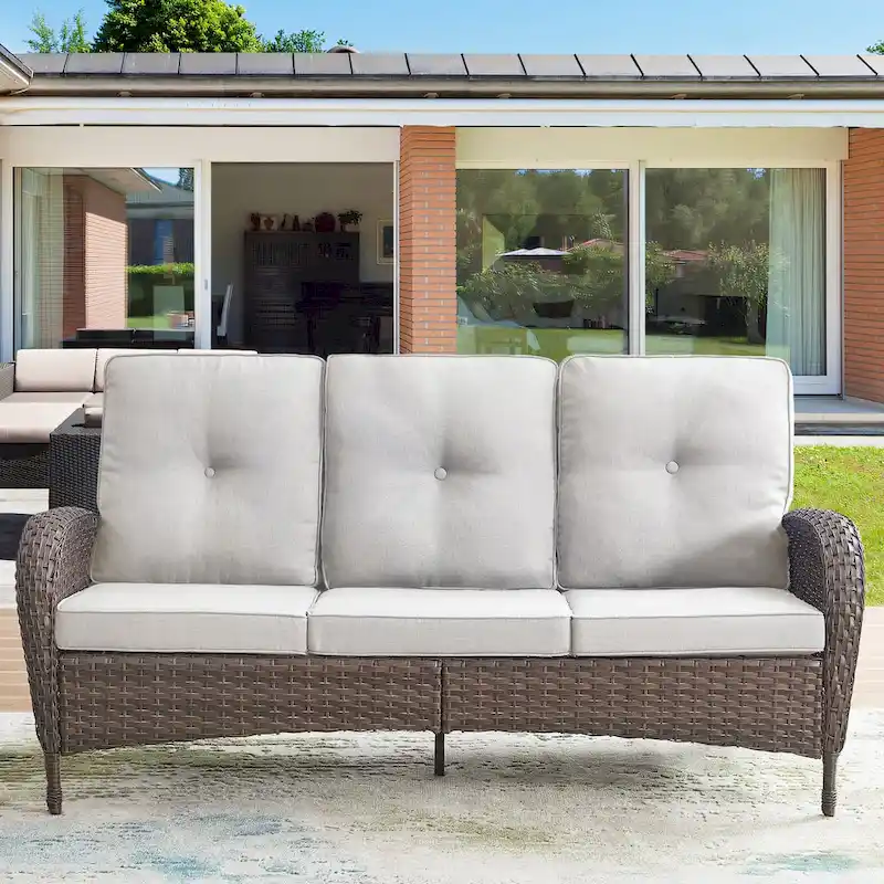 Patio Sofa with 2 Swivel Chair Coffee Table - Brown