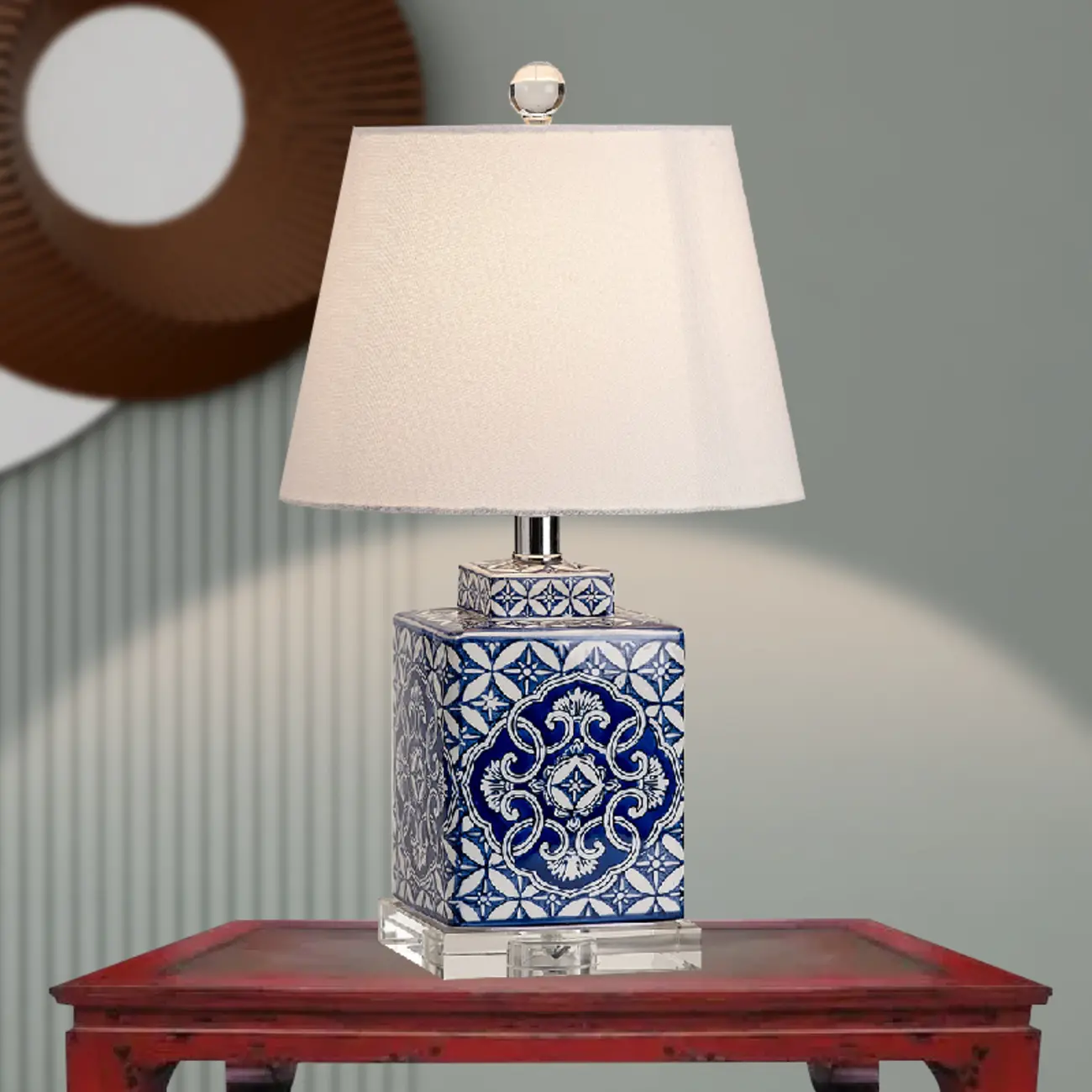 Blue Traditional Ceramic Table Lamp with Fabric Shade