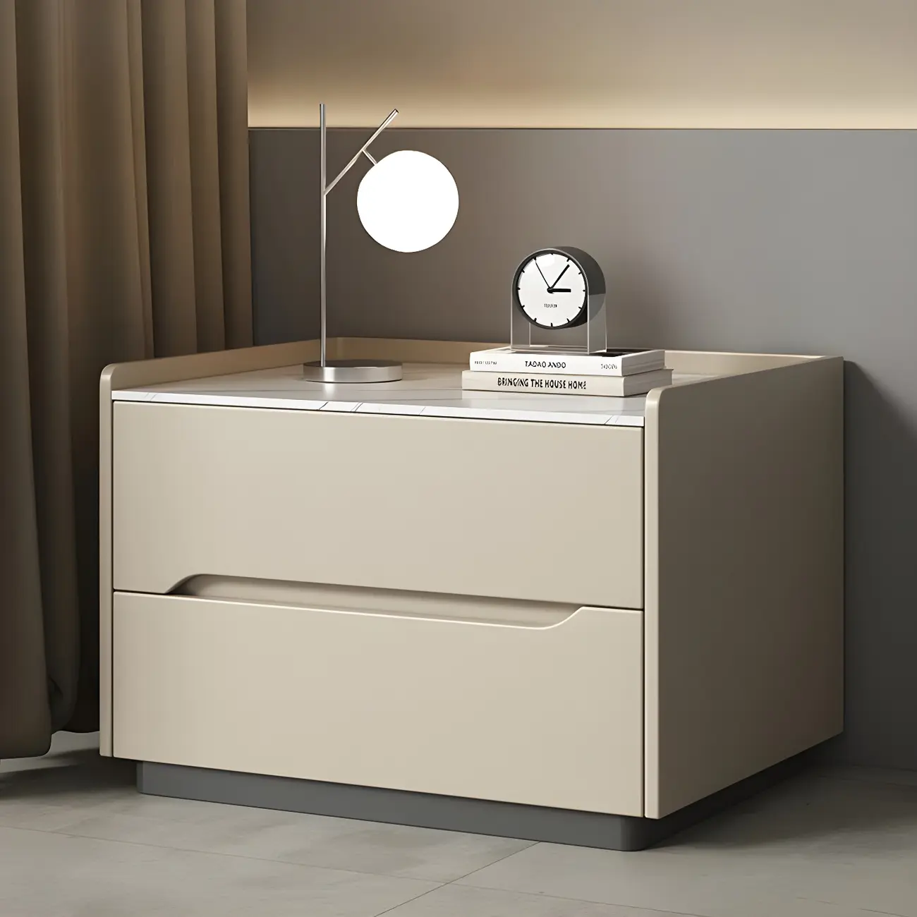 Modern Khaki Leather Stone Top 2-Drawer Nightstand