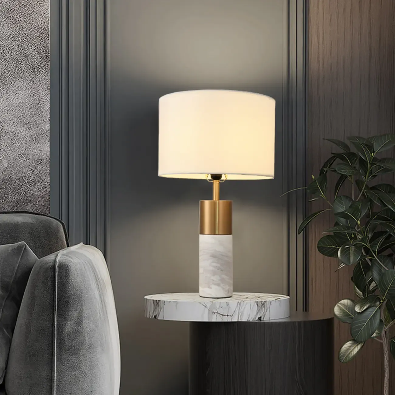 Modern Cylinder Stone Table Lamp with Fabric Shade
