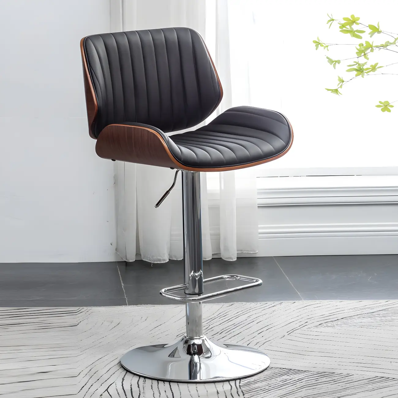 Elegant Wood Leather Red Swivel Adjustable Bar Stool