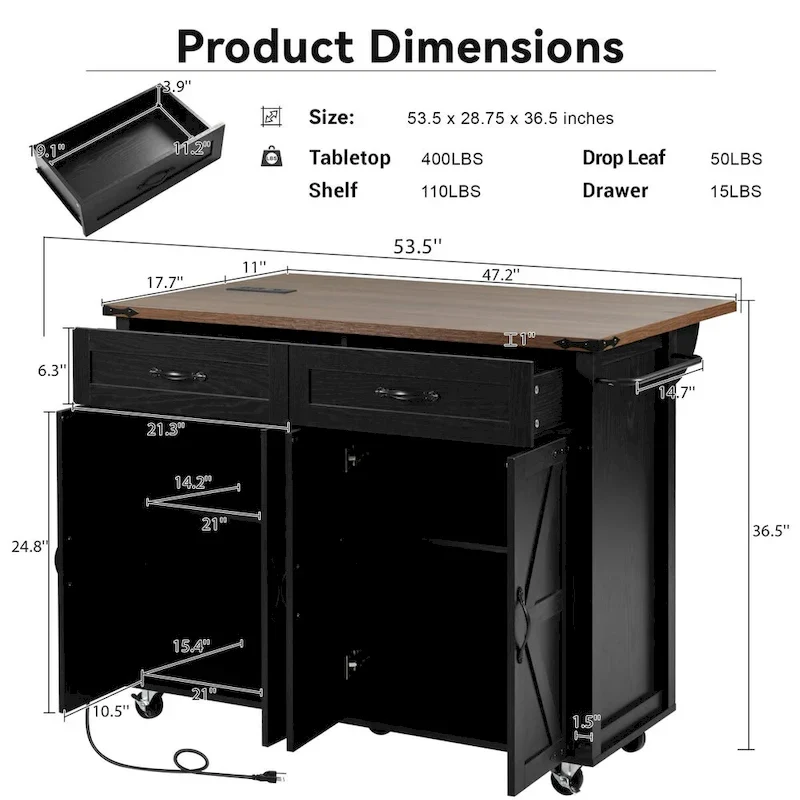53.5 in. W Farmhouse Rolling Kitchen Island Cart with Drop Leaf and Power Outlet