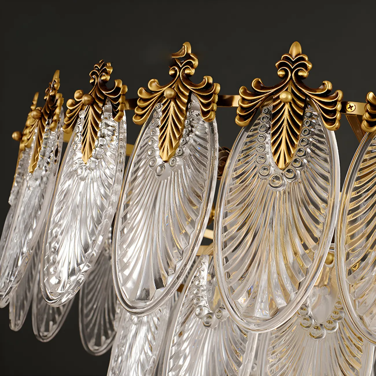 Elegant Brass Ribbed Glass Tiered Chandelier