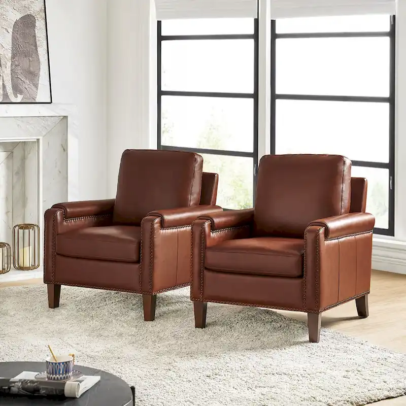 Kunz Transitional Genuine Leather Armchair with Removable Cushion and Nailhead Trims Set of 2 by HULALA HOME