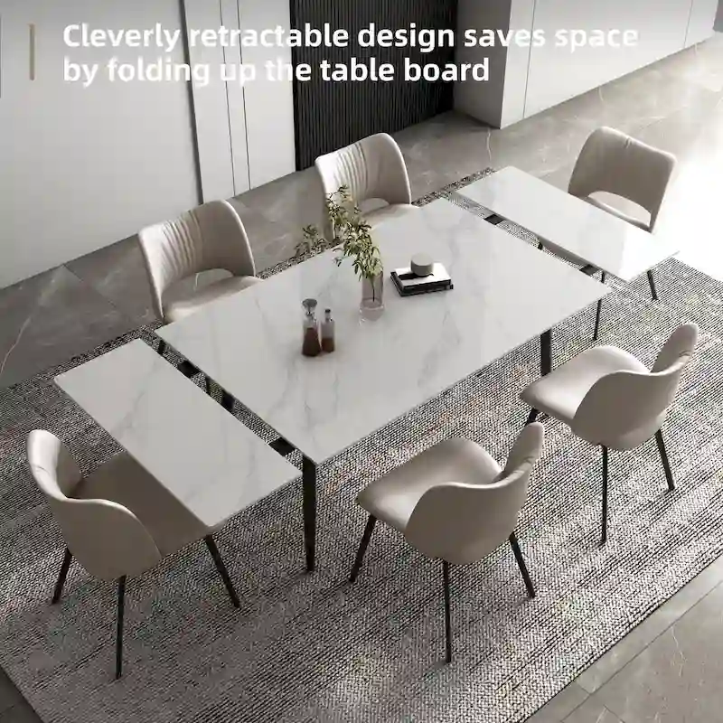 9 Piece 62.9 inch to 94.4 inch Extendable Dining Table Set with Sintered Stone Top 8 Chairs