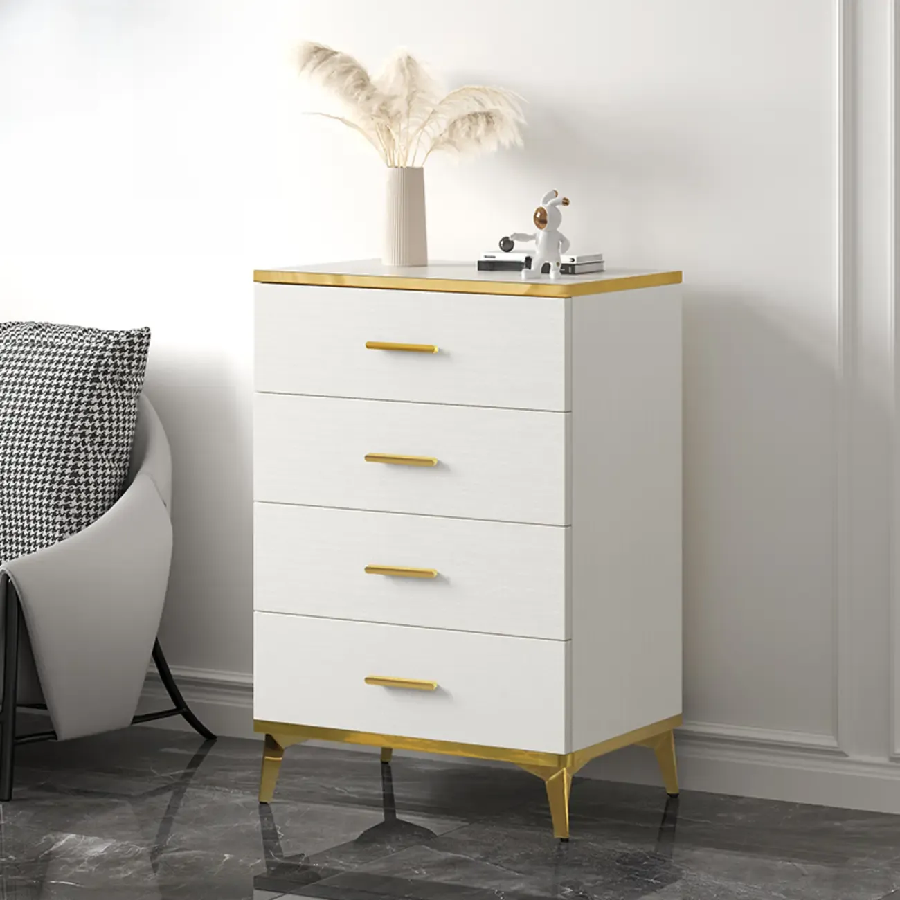 Modern White Wooden Gold Accent Storage Cabinet for Parlor