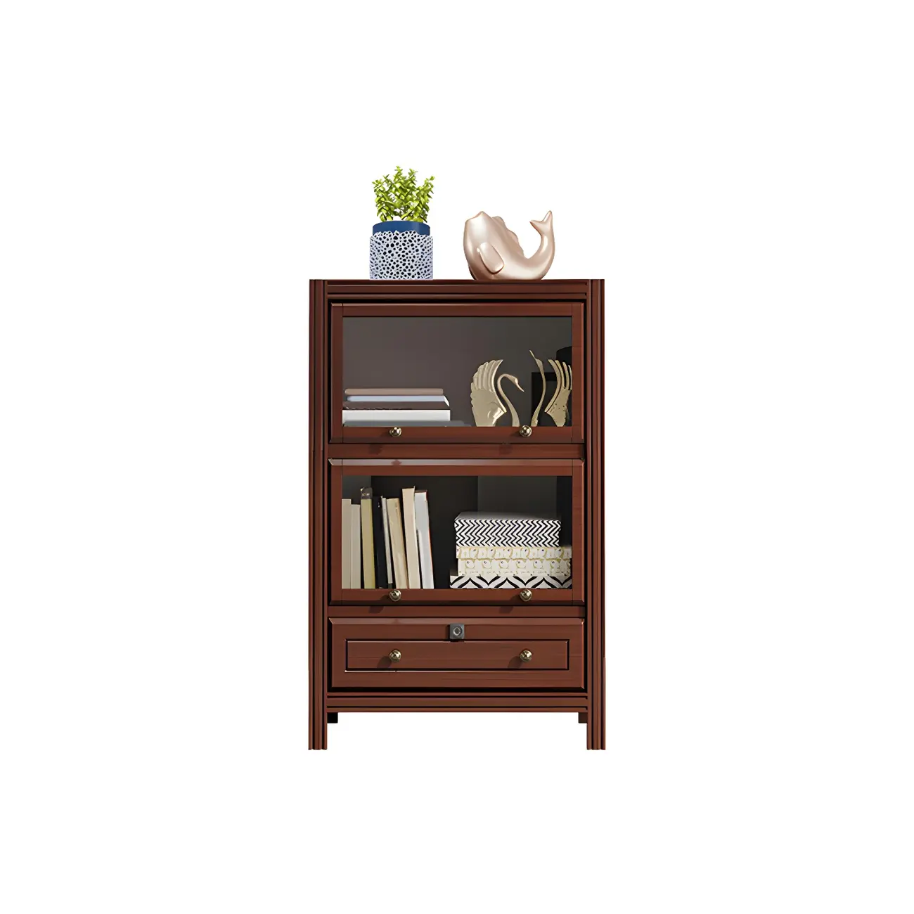 Modish White Wooden Bookcase with Glass Doors