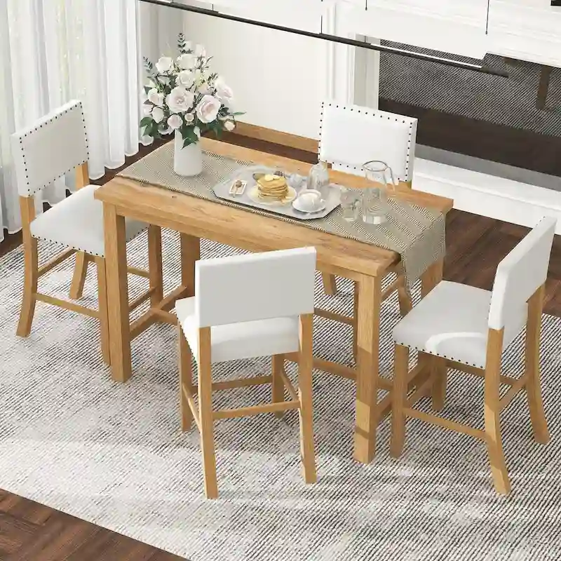 5-Piece Counter Height Dining Set, Classic Elegant Table and 4 Chairs in Natural Wood Wash