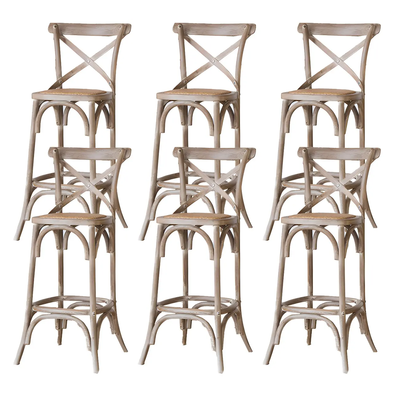 Rustic Solid Wood Wicker Cross Back Bar Stool in Brown/ Grey