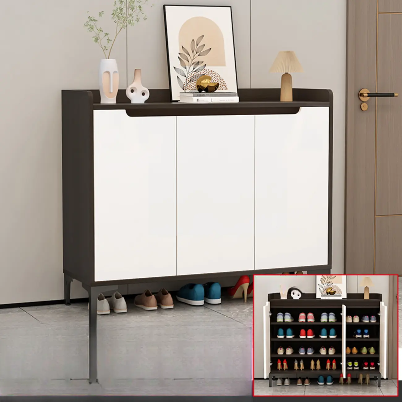 Sleek Milk Cocoa Wood Shoe Cabinet with Display Top
