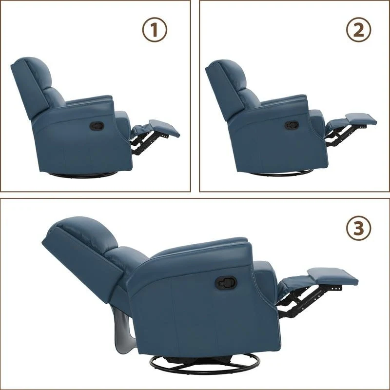 Genuine Leather Manual Rocking Recliner with 360-degree Metal Swivel Base