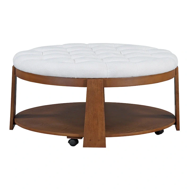 36 Round Button Tufted Upholstered Coffee Table with Wood Shelf and Wheel