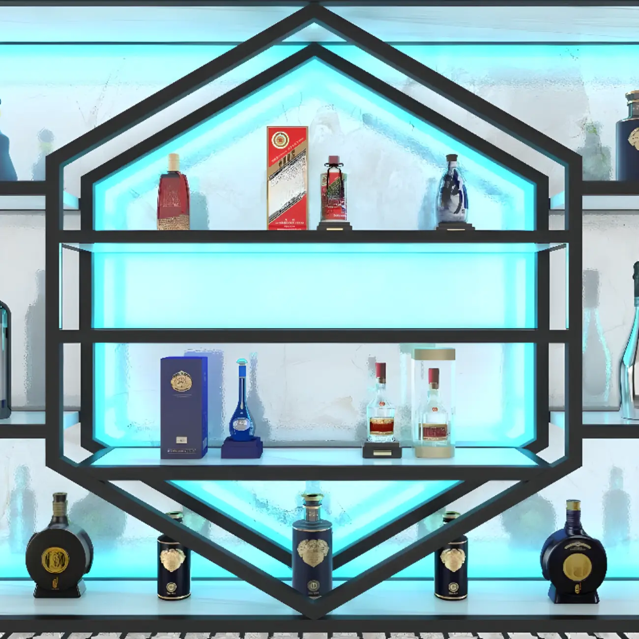 Geometric Metal Black Floating Wine Rack with Light