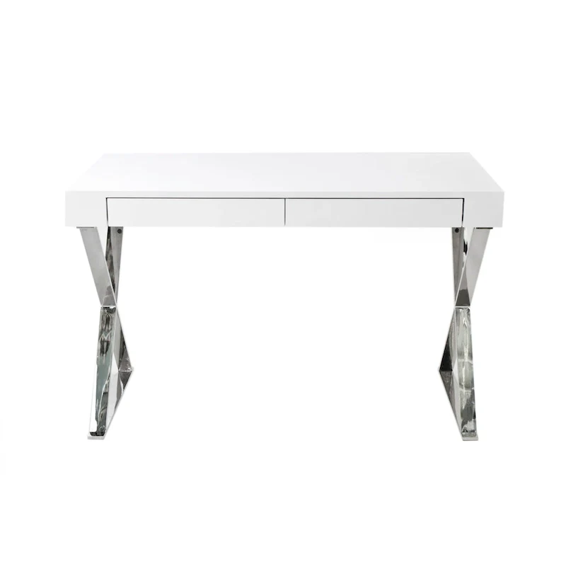 Rix 47 Inch Office Desk, White Wood Top, 2 Drawers, X Polished Steel Legs