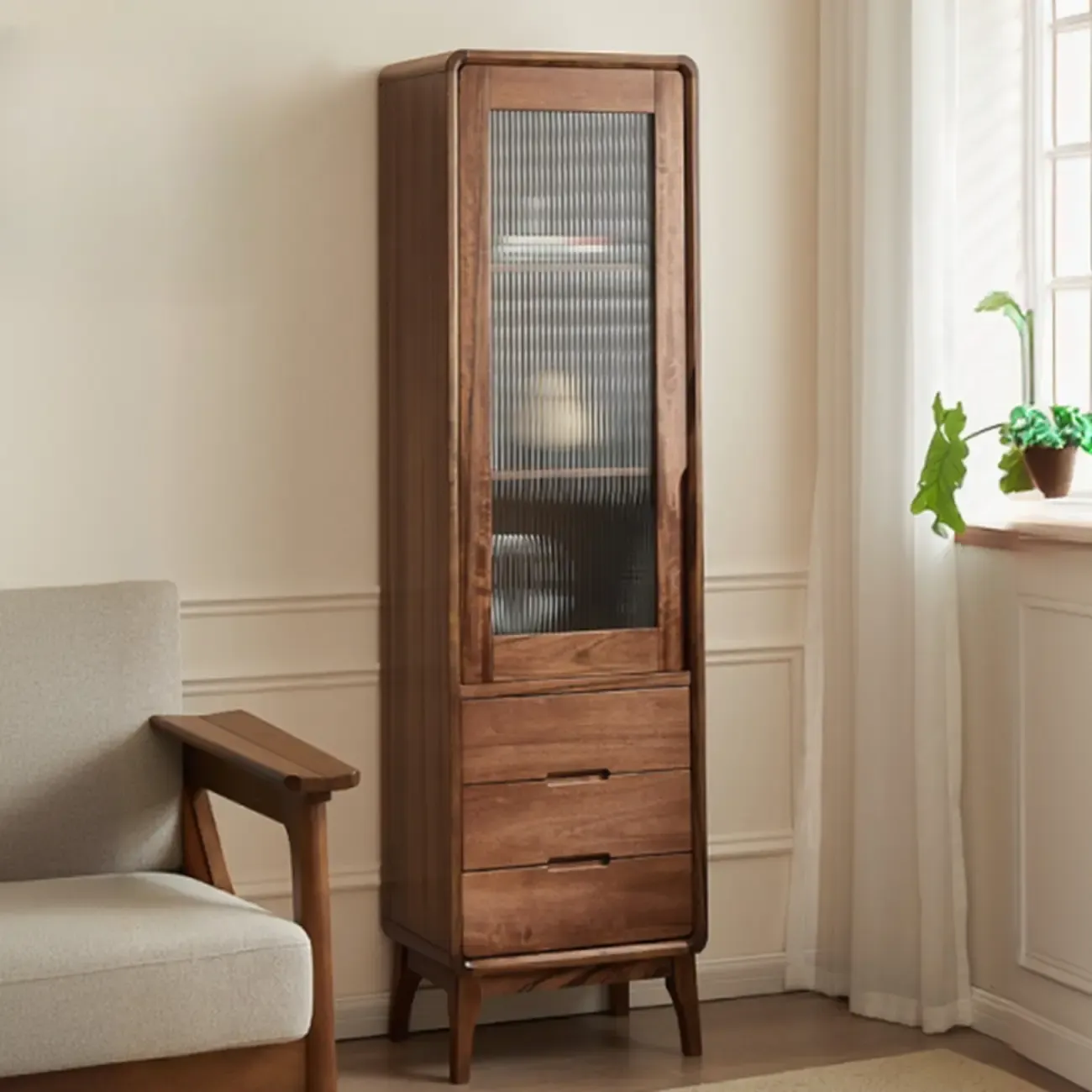 Tall Wooden Display Cabinet with Glass Door for Living Room