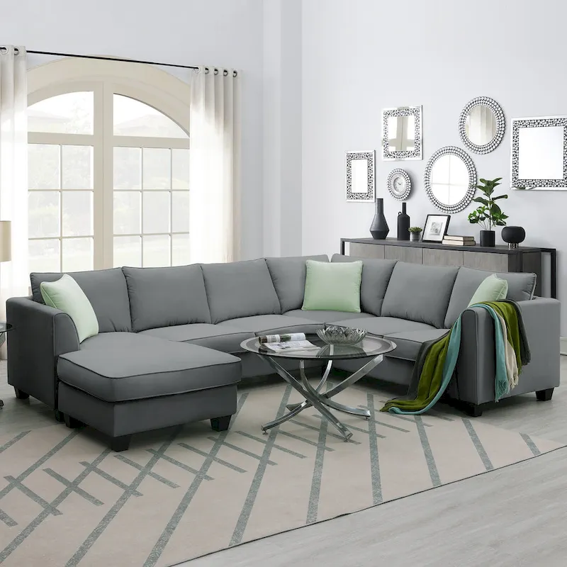 112*87 Sectional Sofa Couches Living Room Sets 7 Seats Modular Sectional Sofa with 3 Pillows, Grey