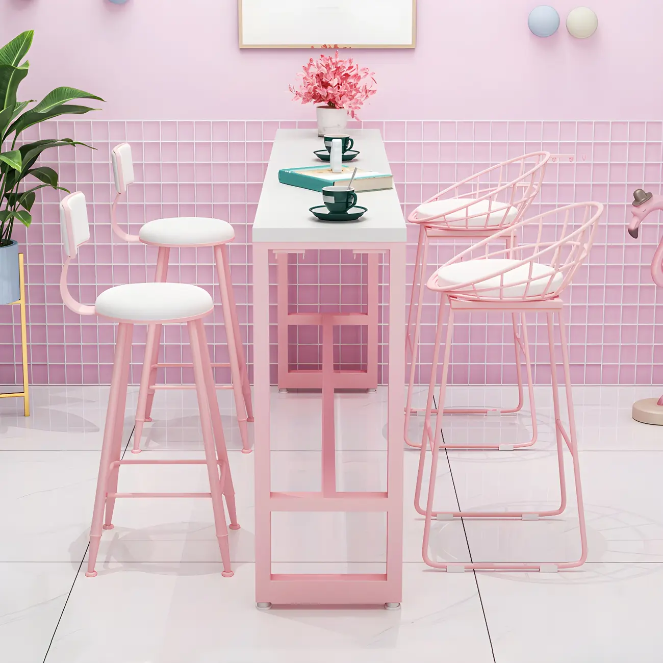 Glam Pink Rectangle Marble Long Bar Table