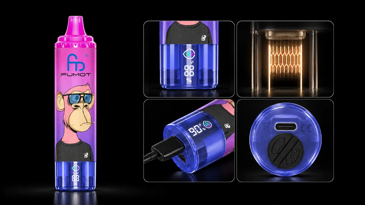 FUMOT Tornado 15000 Strawberry Grape – Detailansichten von Display, Heizsystem, USB-C-Anschluss und Luftregulierung