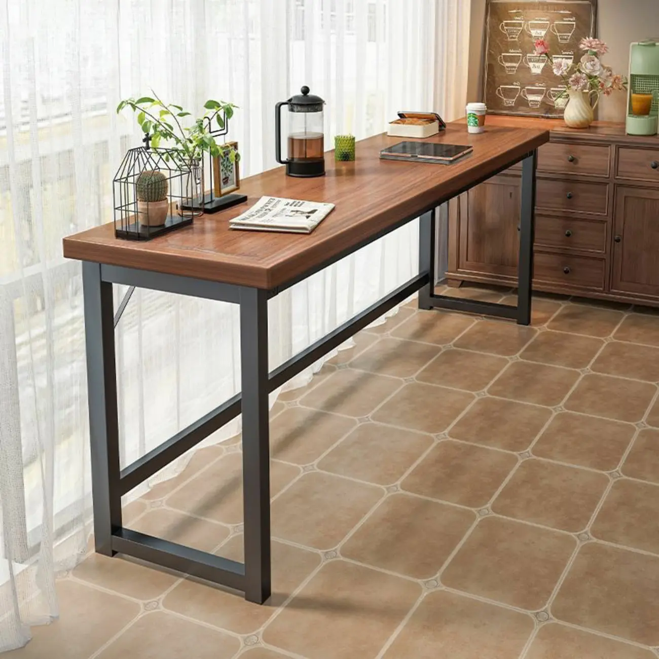 Modern Brown Wooden Metal Frame Fixed Top Bar Tables