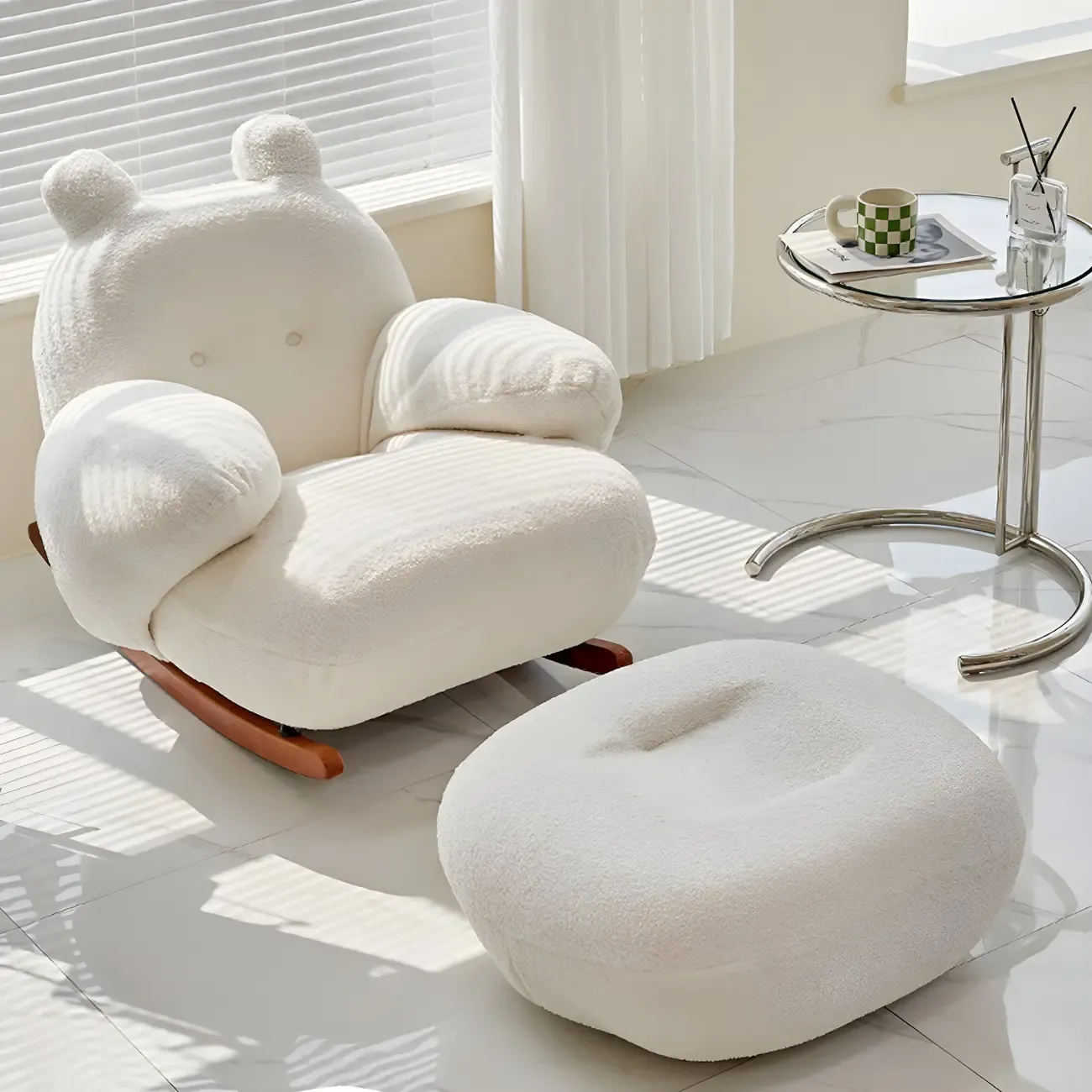 Cute Upholstered White Rocking Chair with Ottoman for Indoor