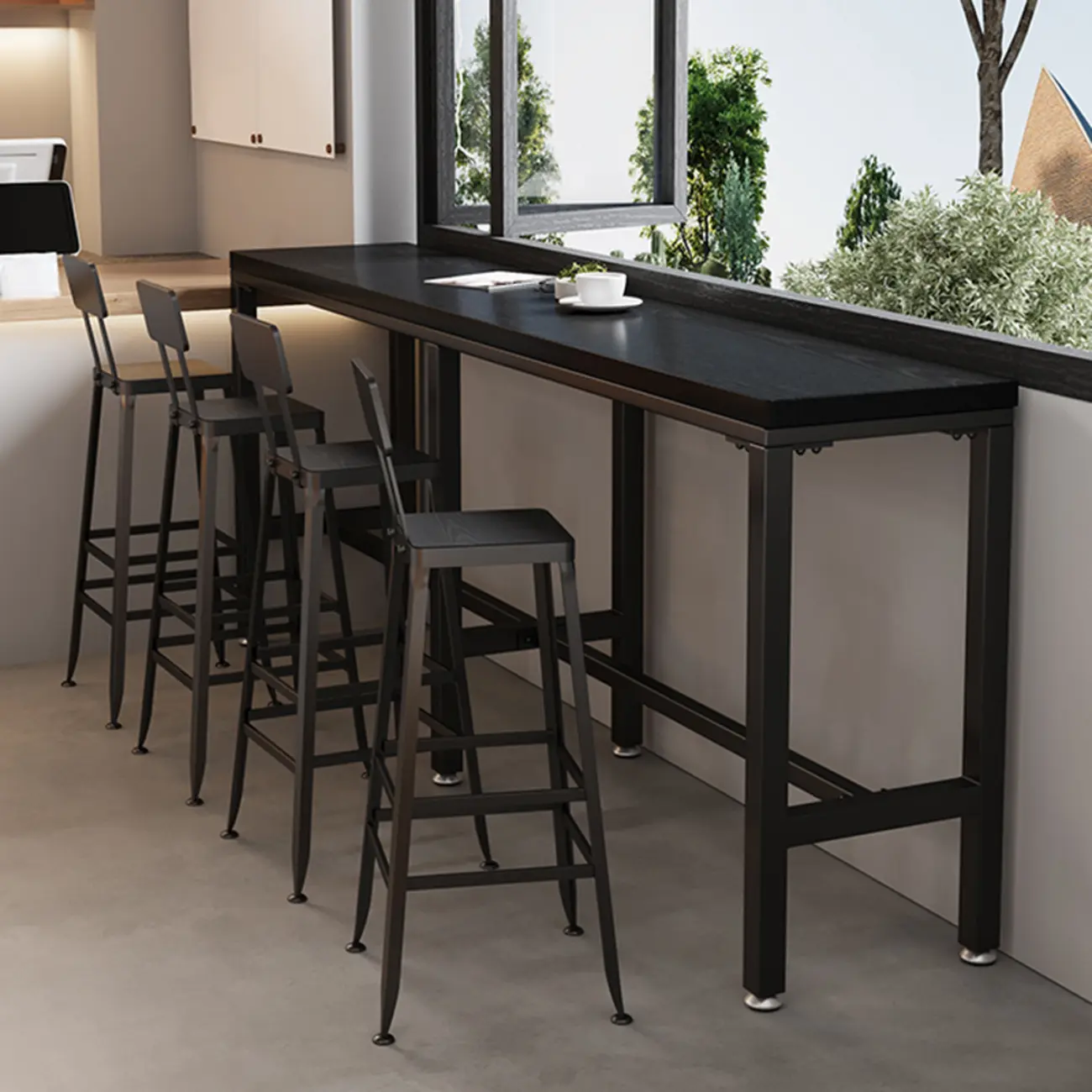Modern Black Pine Wood Metal Bar Tables with Footrest