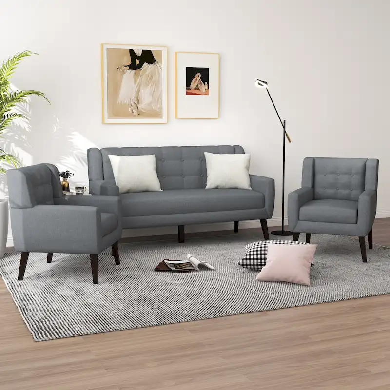 Tufted Linen/Cotton Loveseat with 2 Accent Chairs