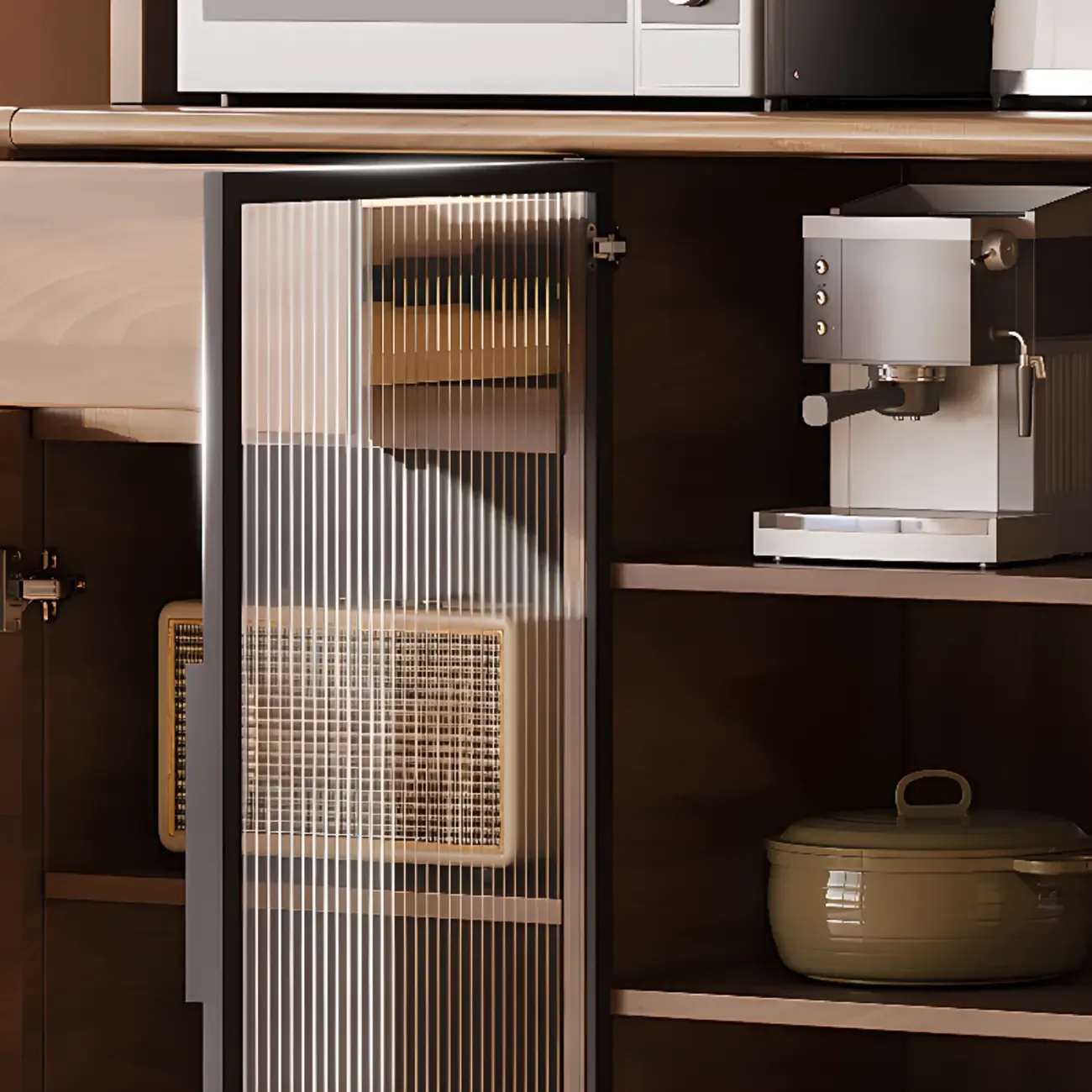 Kitchen Brown Wooden Hutch Top Sideboards with Pegboard Back