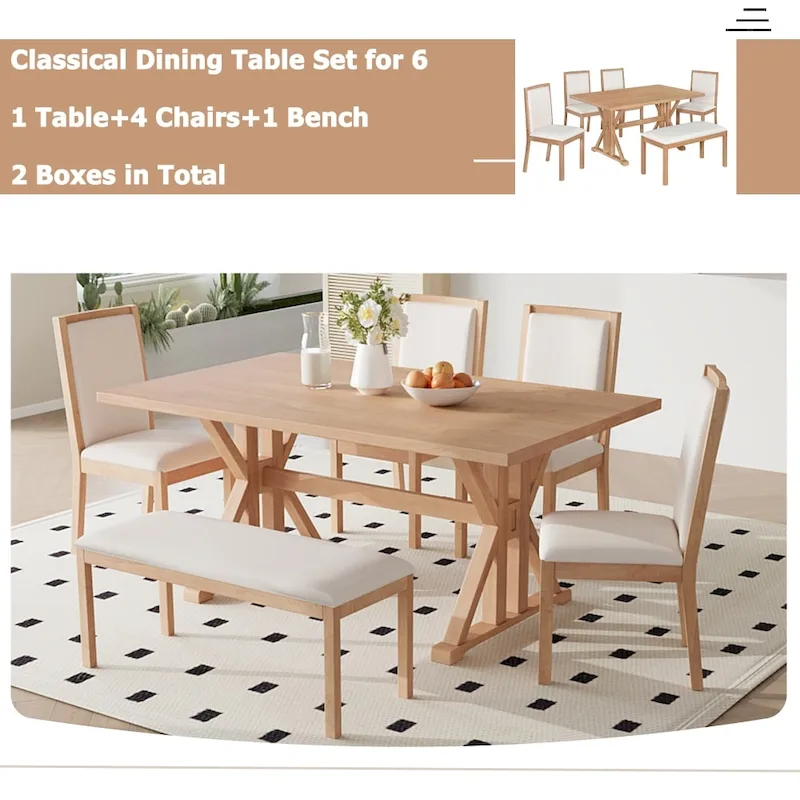 6-Piece Farmhouse Dining Table Set with 4 Upholstered Chairs and Bench