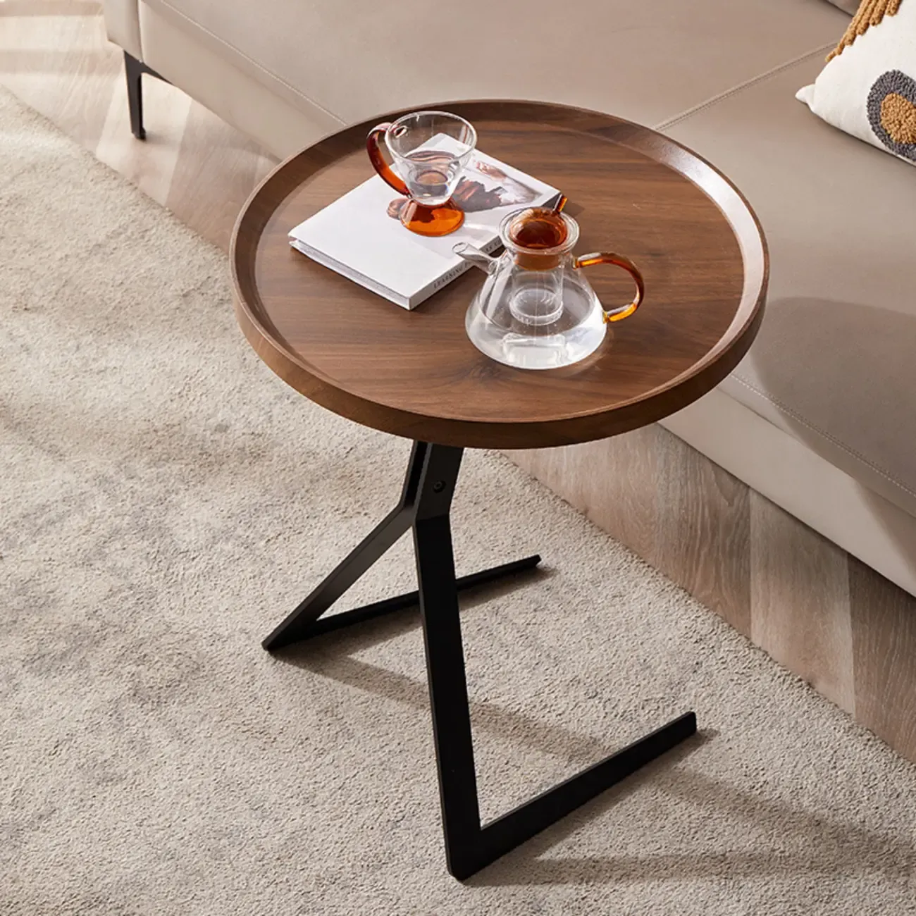 C-Shpaed Brown Wood Round Side Table with Metal Legs