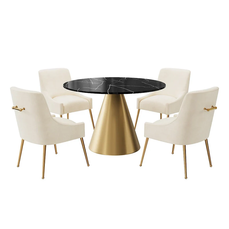 Clihome 5 Piece Black Marble Top Table with Velvet Dining Chair Set
