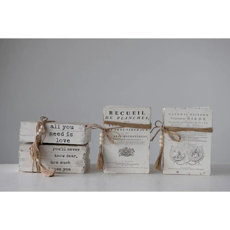 Wood Block Books with Saying and Jute Tie, Set of 2 Styles