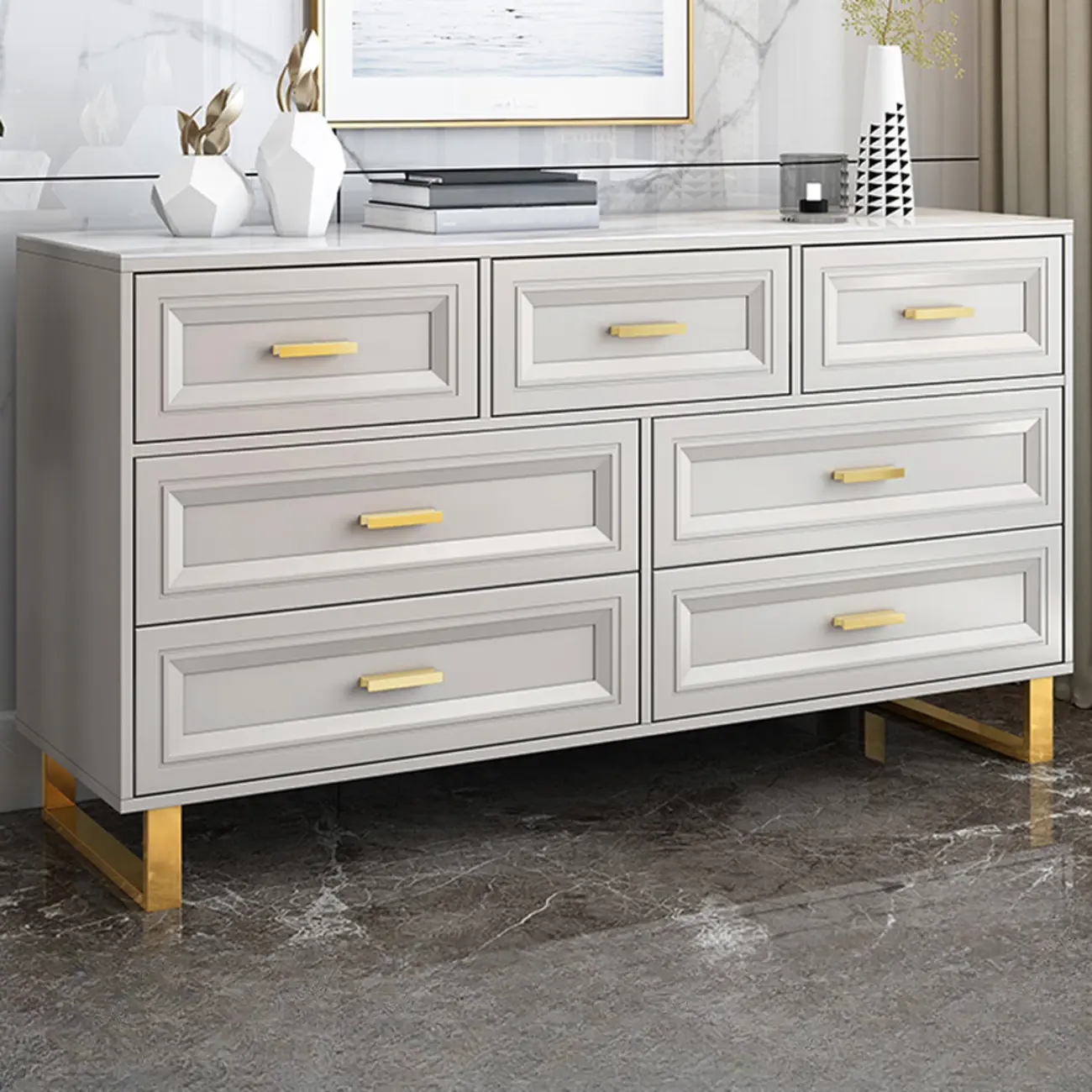 Glam Grey Wooden Combo Dresser with 7-Drawers