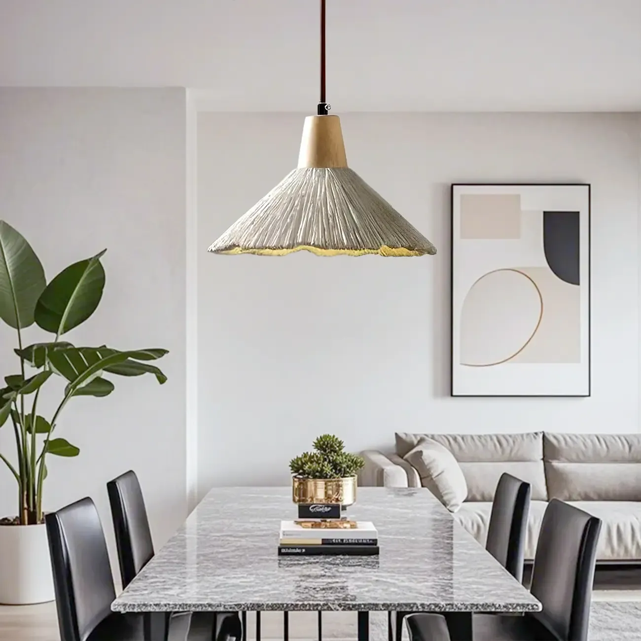 Gray Wood Pendant Lamp with Ginkgo Leaf Texture for Living Room